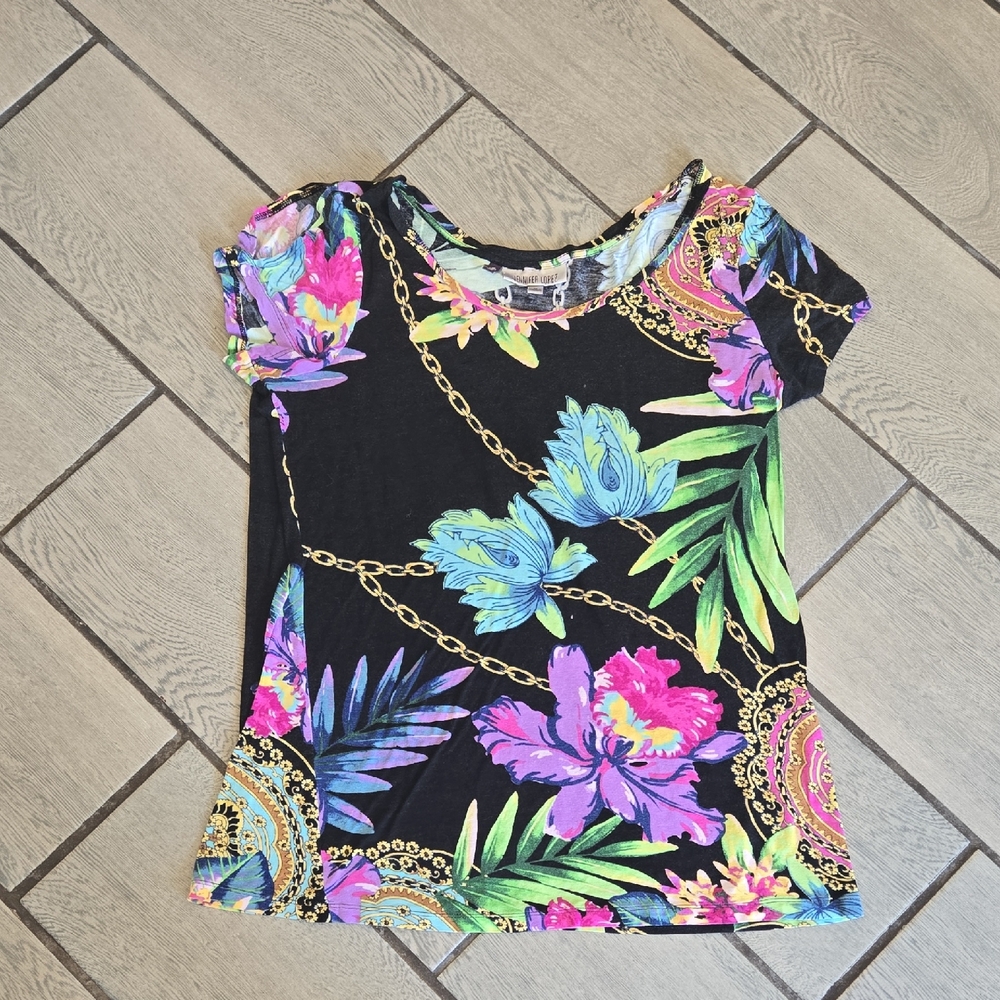 Jennifer Lopez Black Floral Chain‎ Print Short Sleeve Top Women's Size M